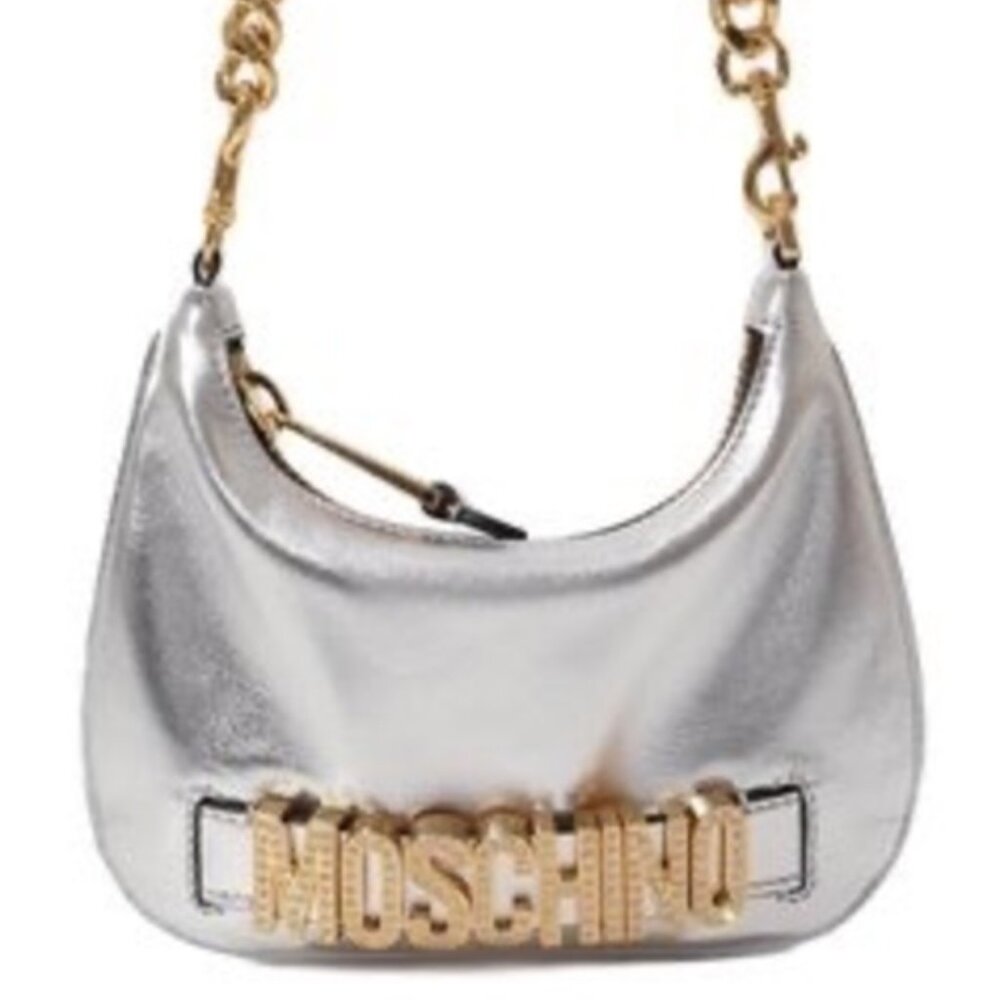 SS23 MOSCHINO Couture Jeremy Scott Silver Top Handle Bag with Gold Logo & Chain